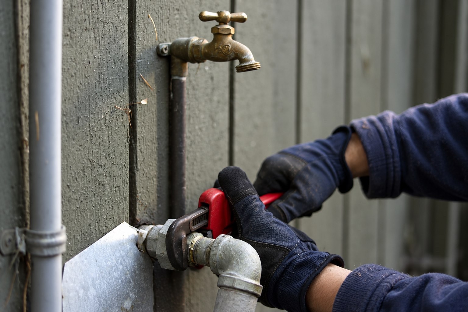 Serrage d’un raccord sur une canalisation extérieure avec une clé.