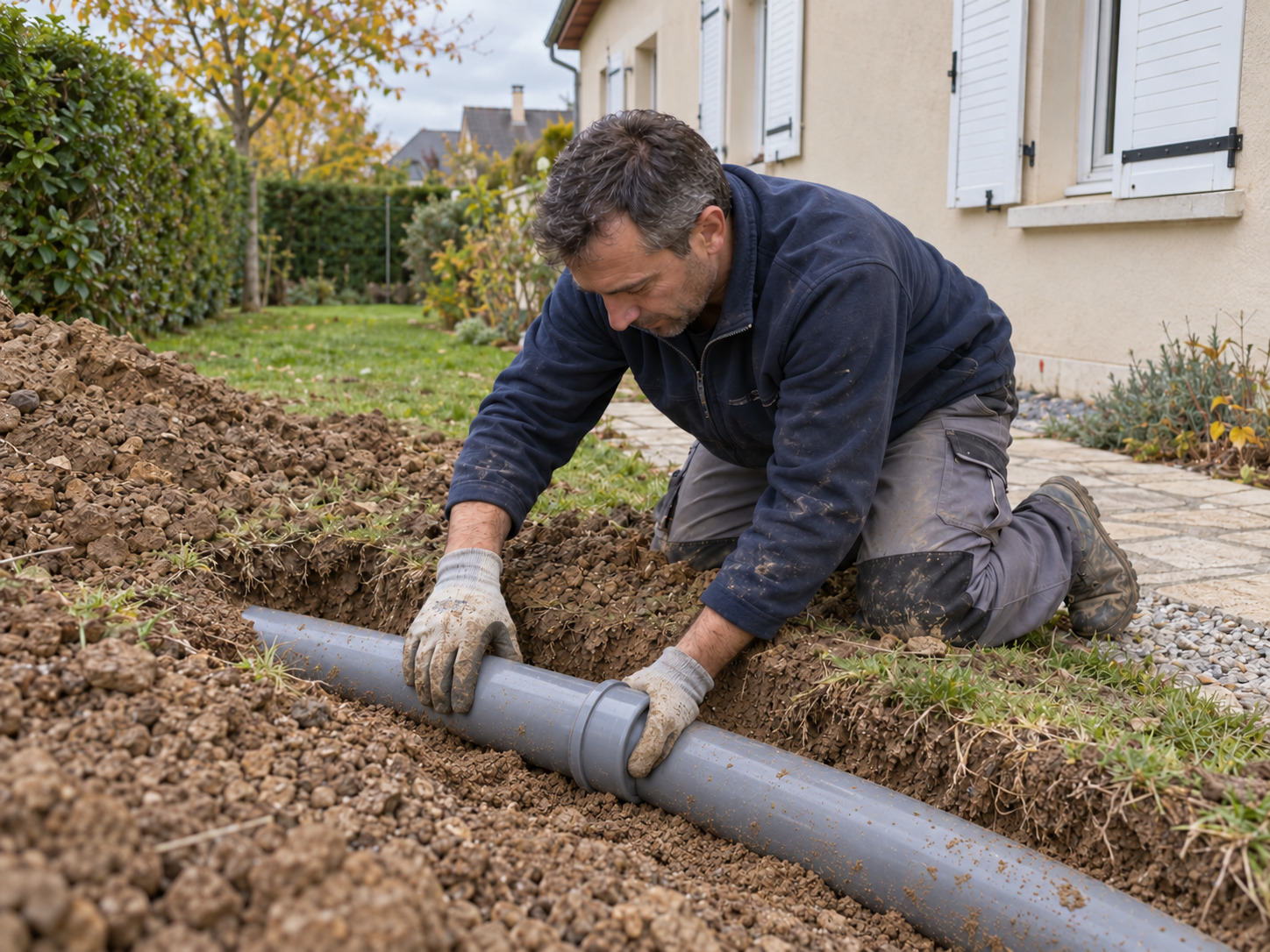 Assemblage d’une canalisation en PVC dans une tranchée près d’une maison.