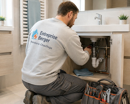 Intervention sur les raccordements sous un lavabo, dans un meuble ouvert.
