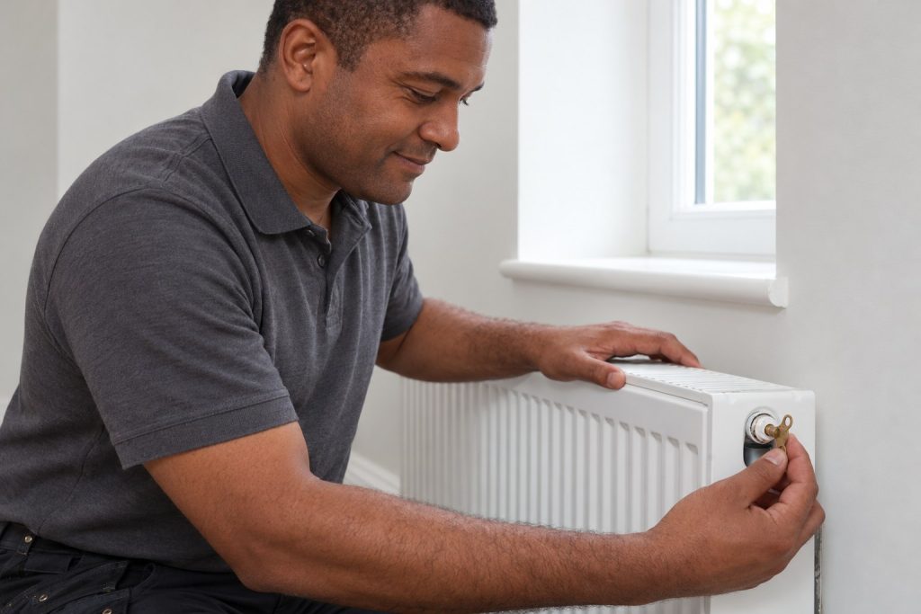 Professionnel manipulant une petite clé de purge sur le côté haut d’un radiateur