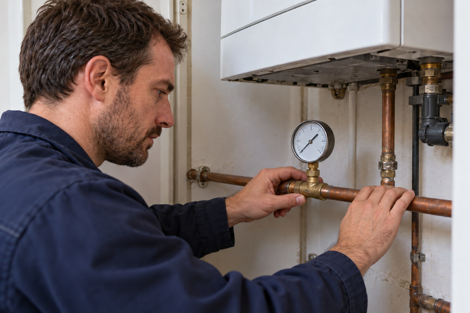 Diagnostic de chauffage à Villeneuve-la-Garenne Technicien lisant un manomètre raccordé au circuit de chauffage