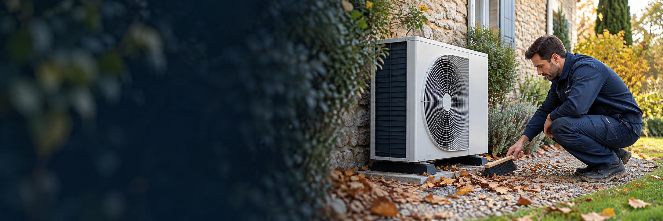 Dégagement des feuilles au sol autour d’une pompe à chaleur
