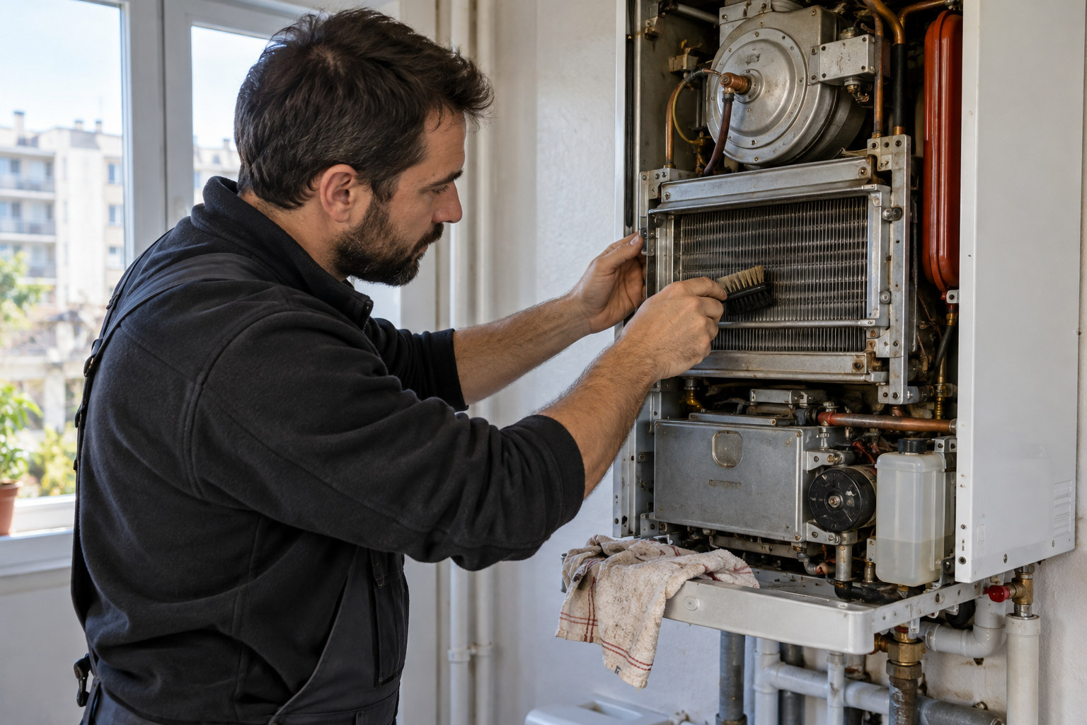 Entretien de chaudière à Villeneuve-la-Garenne Technicien nettoyant à la brosse l’échangeur d’une chaudière ouverte