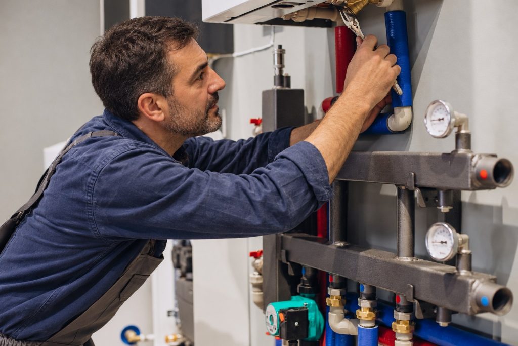 Professionnel en chemise bleue utilisant une pince sur un raccord du circuit de chauffage.