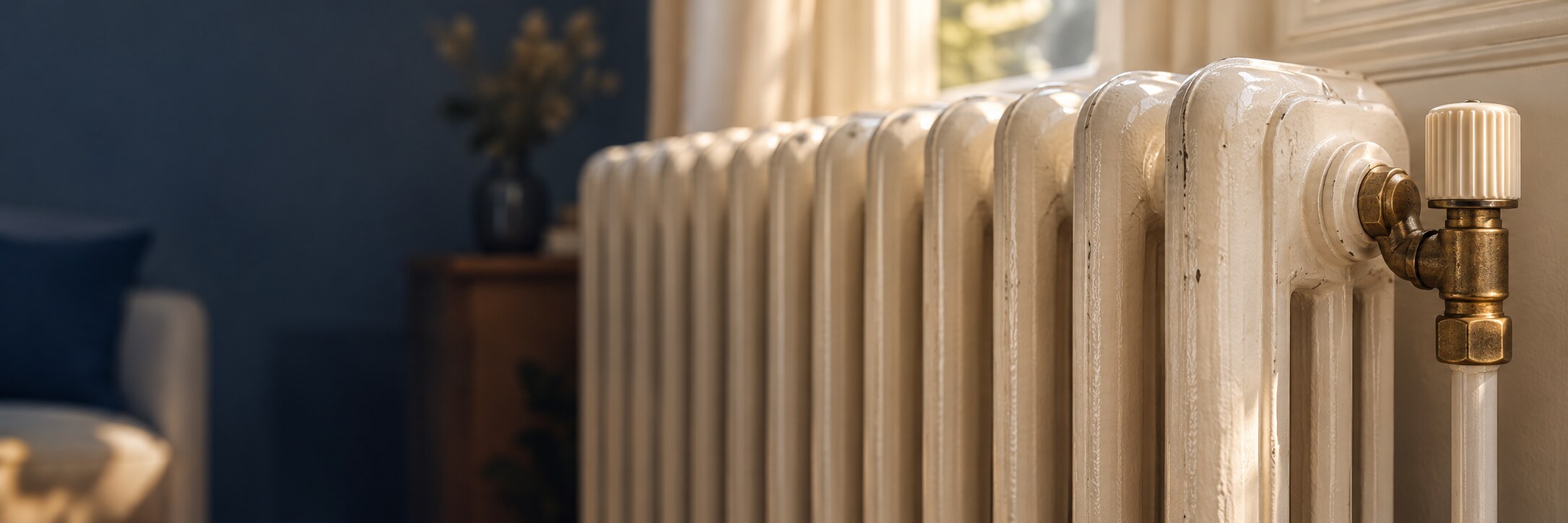 Radiateur en fonte crème et vanne en laiton à Marolles-en-Brie
