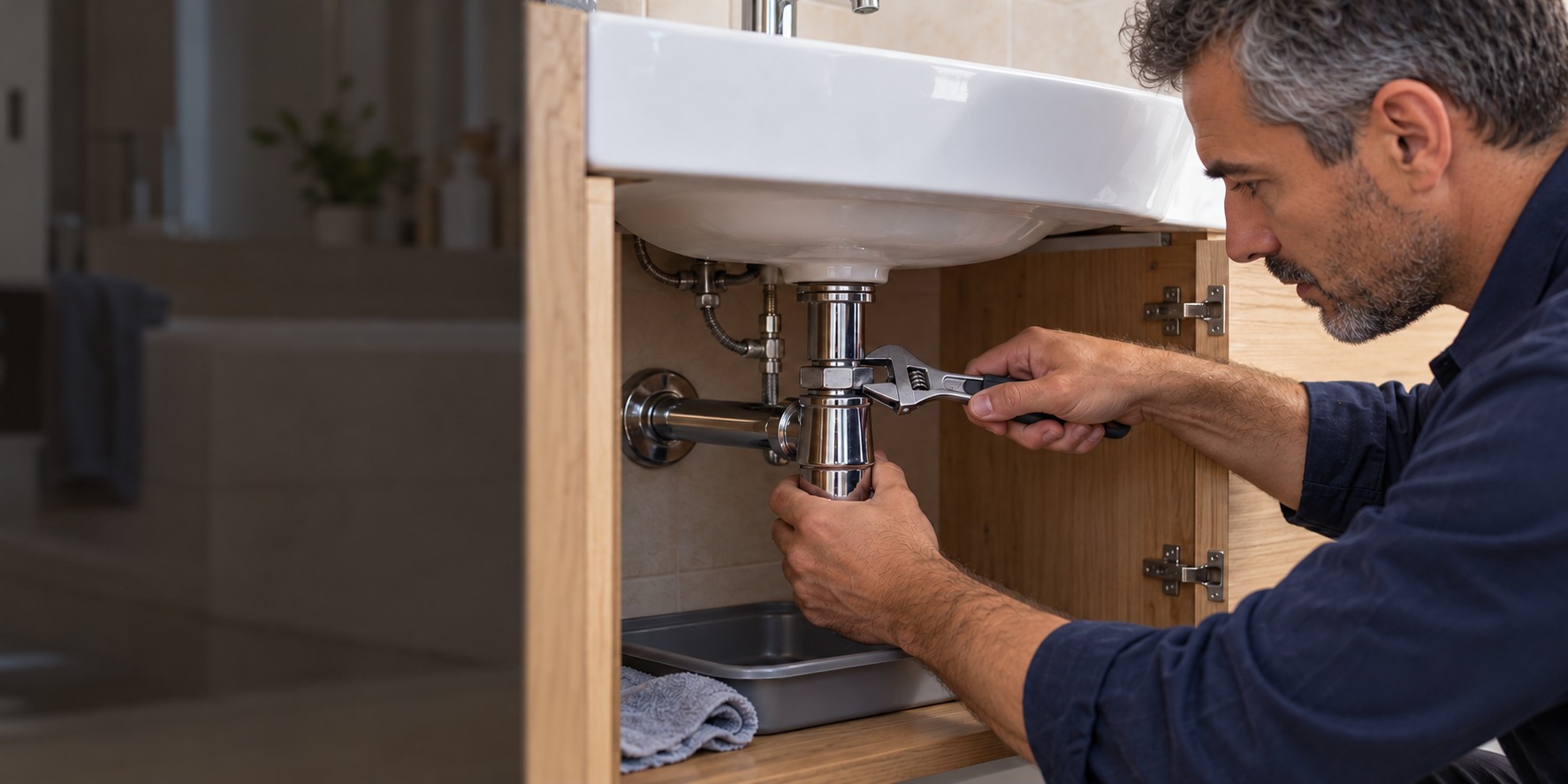 Plombier ajustant le raccord d’un siphon métallique sous un lavabo.