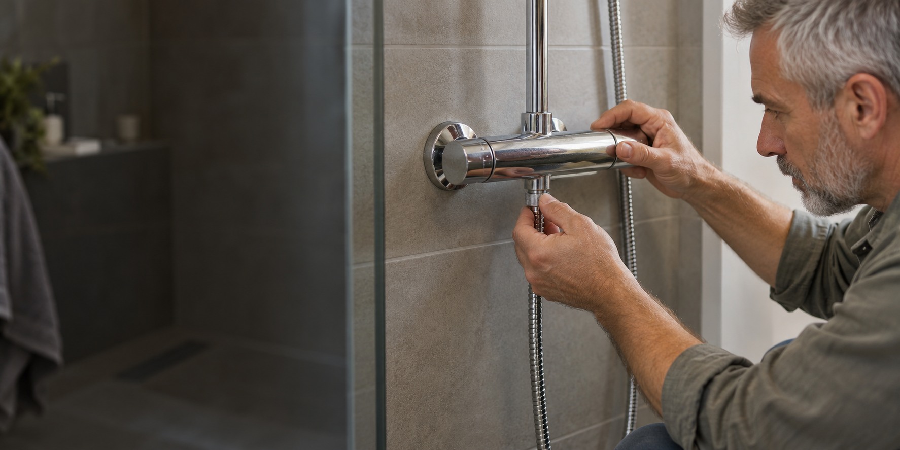 Plombier raccordant le flexible d’une douche au mitigeur mural.