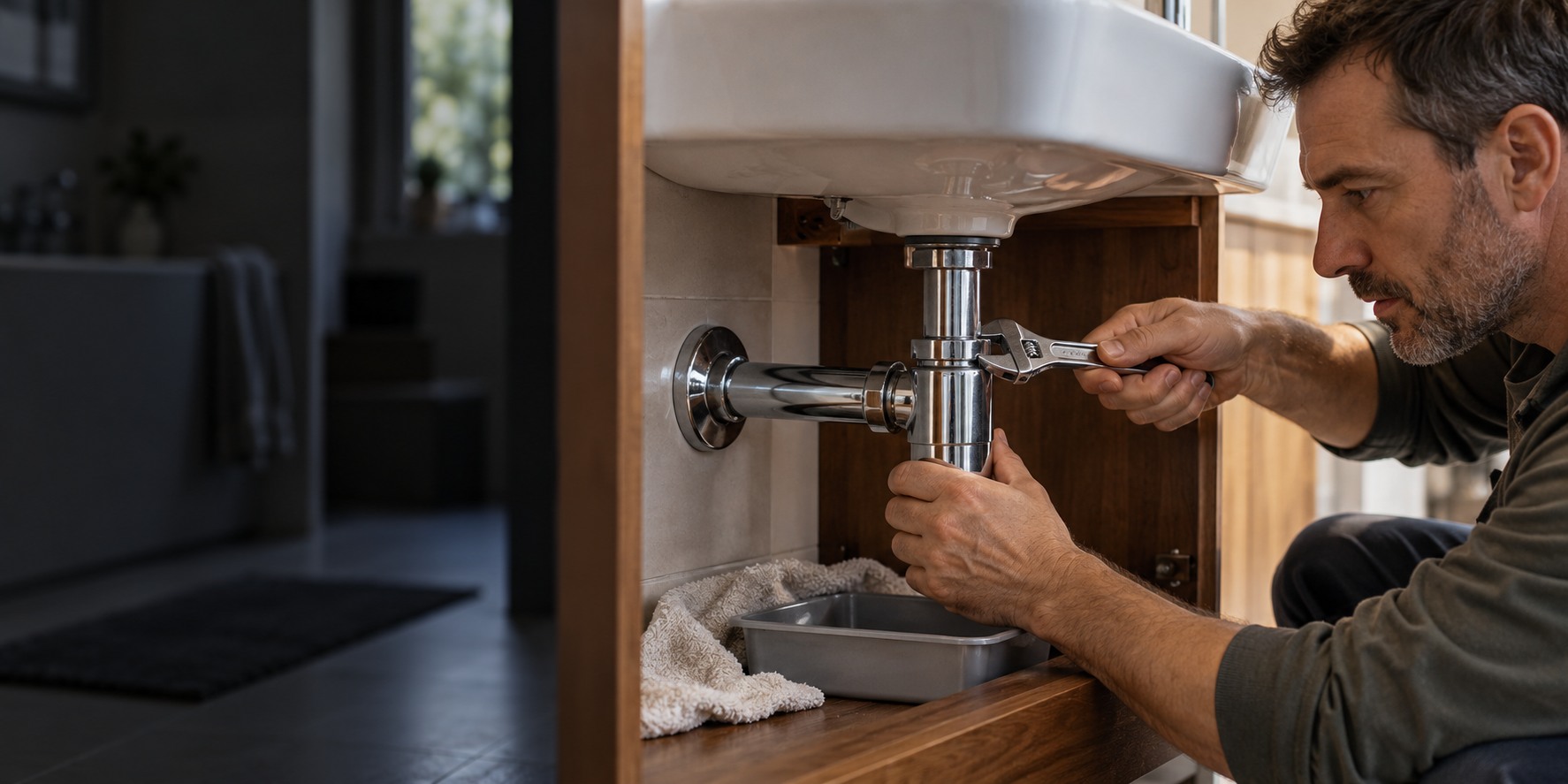 Plombier serrant un raccord de siphon métallique sous un lavabo.