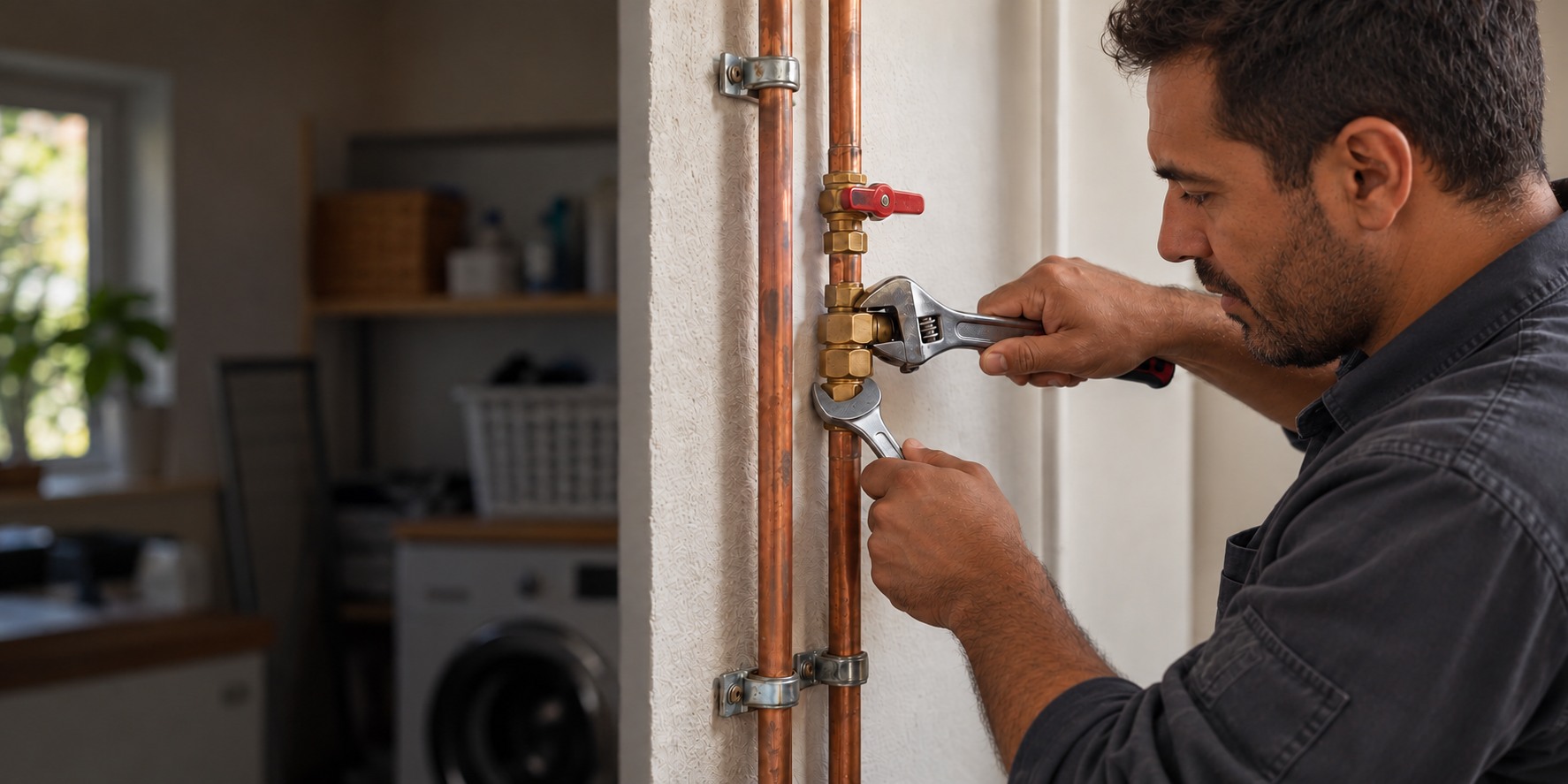 Plombier intervenant avec deux clés sur un raccord de canalisation en cuivre.