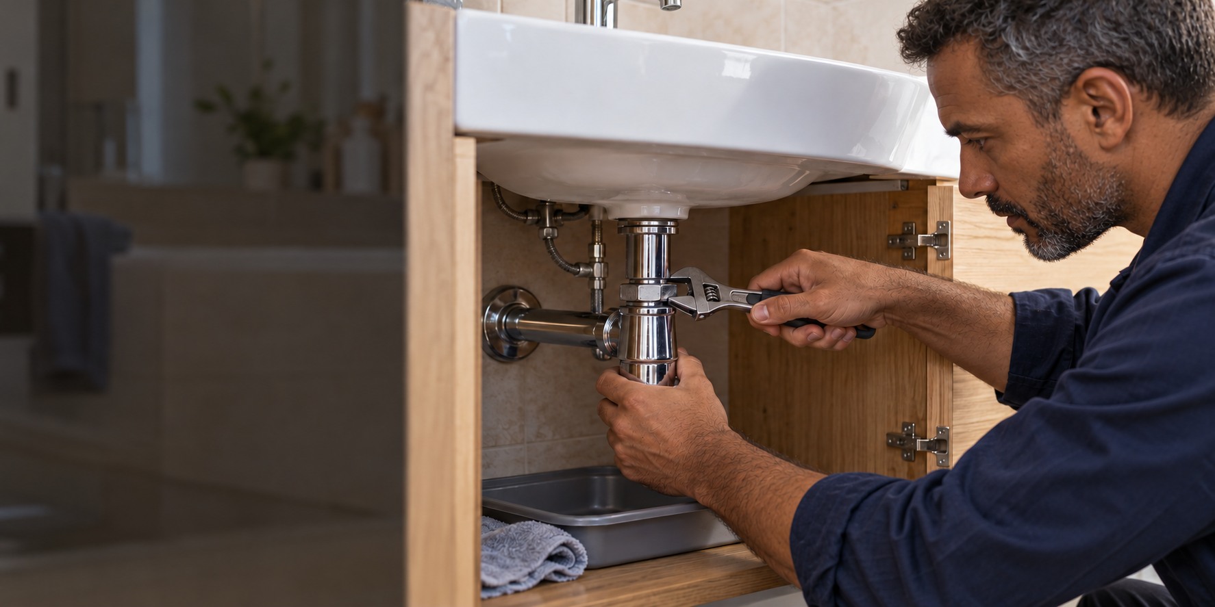 Plombier intervenant sur un raccord de siphon sous un lavabo.