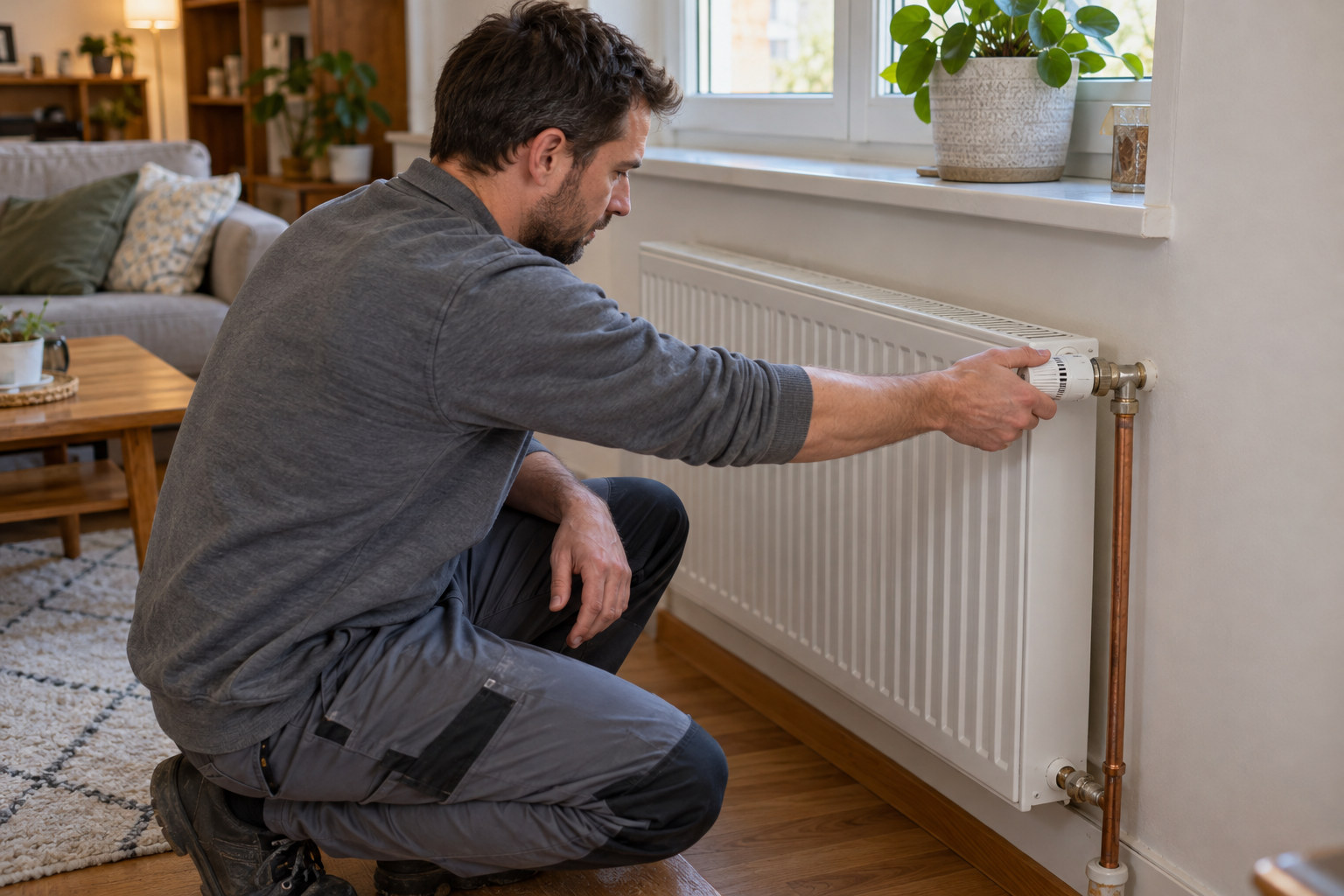 Réglage de radiateurs à Villeneuve-la-Garenne Technicien accroupi ajustant le robinet thermostatique d’un radiateur