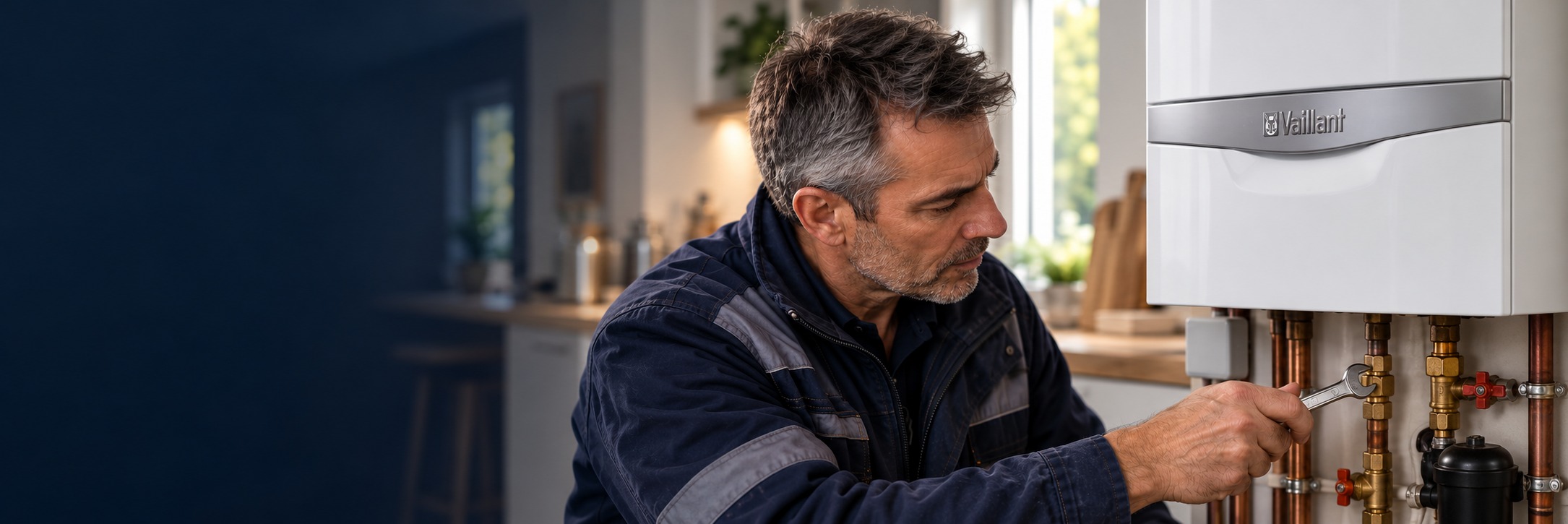 Chauffagiste intervenant sur une chaudière Vaillant dans les Yvelines